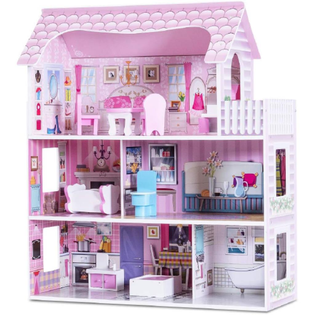 Deluxe Pink Wooden Dollhouse – 3-Story Play Home